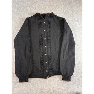 VINTAGE 60s Cardigan Sweater Womens M Black Cable Knit Button Front Minimalist